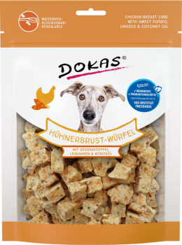 8x Dokas Hühnerbrust-Würfel mit Süßkartoffel, Leinsamen & Kokosöl 150 g