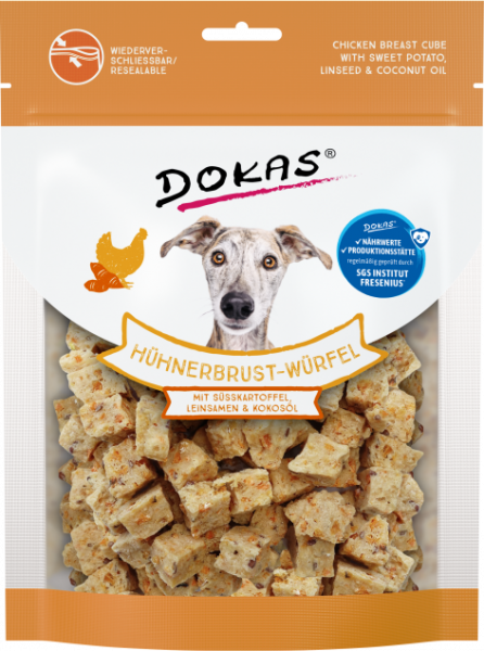 8x Dokas Hühnerbrust-Würfel mit Süßkartoffel, Leinsamen & Kokosöl 150 g